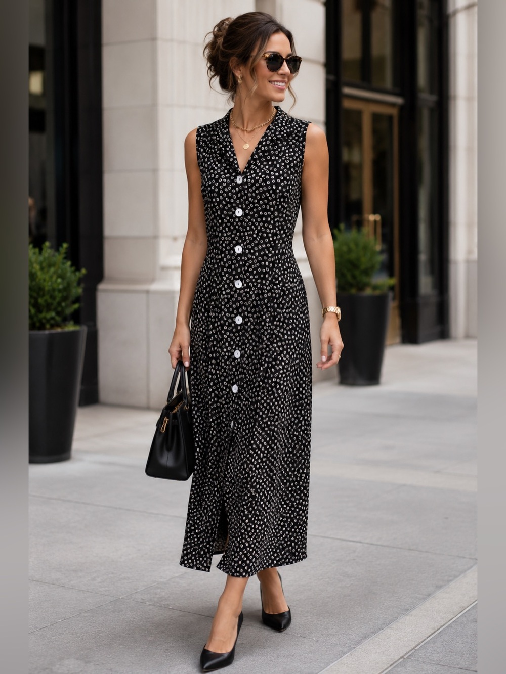T & COMPANY Women's Vintage Sleeveless Black Floral Button-Front Maxi Dress 14